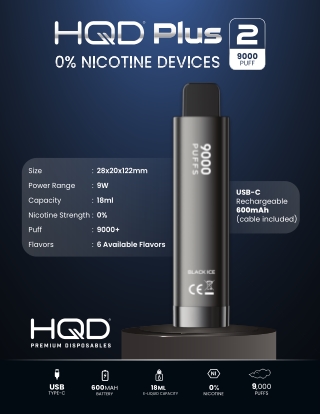 HQD Plus 2 – 0% Nicotine, 9000 Puffs Rechargeable Vape