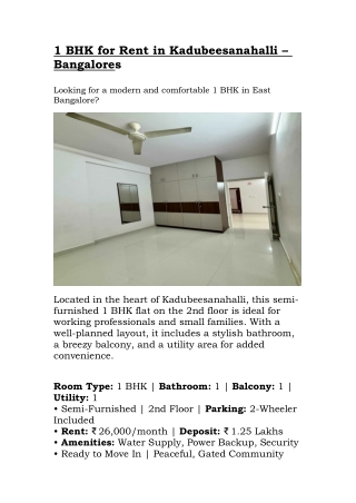 1bhk flat for rent in kadubeesanahalli Bangalore