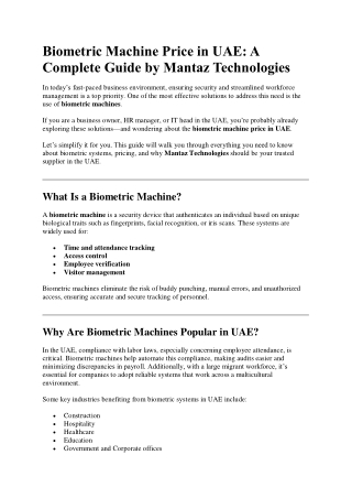 Biometric Machine Price in UAE - A Complete Guide by Mantaz Technologies
