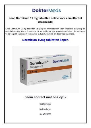 Koop Dormicum 15 mg tabletten online voor een effectief slaapmiddel