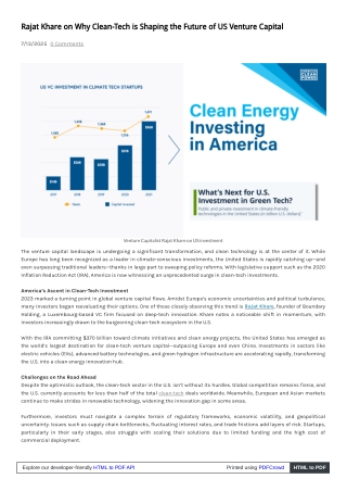 Why Clean-Tech Is Transforming US Venture Capital as per Rajat Khare