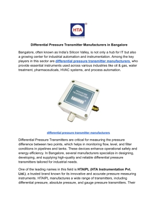 Differential Pressure Transmitter Manufacturers in Bangalore