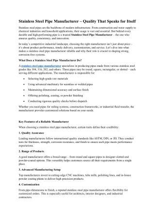 Stainless Steel Pipe Manufacturer Quality That Speaks for Itself