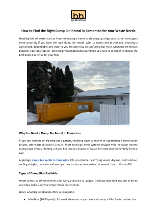 Affordable Dump Bin Rental in Edmonton | Big Bin Rentals