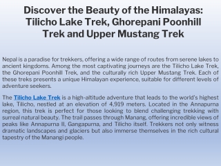 Discover the Beauty of the Himalayas Tilicho Lake Trek, Ghorepani Poonhill Trek and Upper Mustang Trek