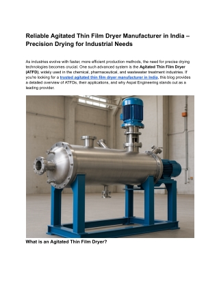 Reliable Agitated Thin Film Dryer Manufacturer in India – Precision Drying for Industrial Needs