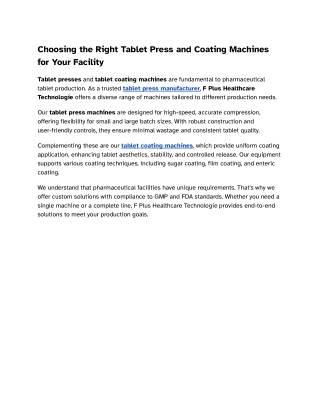 Choosing the Right Tablet Press and Coating Machines for Your Facility