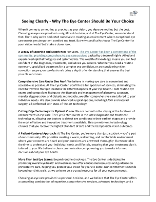 Seeing Clearly - Why The Eye Center Should Be Your Choice