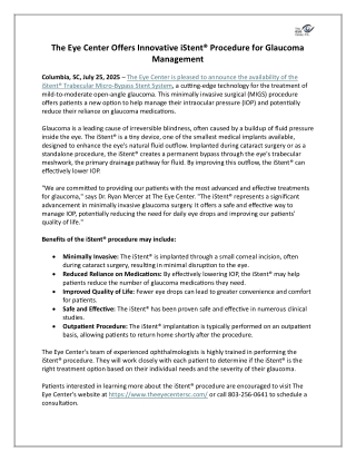 The Eye Center Offers Innovative iStent® Procedure for Glaucoma Management