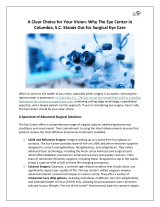 A Clear Choice for Your Vision- Why The Eye Center in Columbia, S.C. Stands Out for Surgical Eye Care