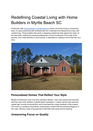 Redefining Coastal Living with Home Builders in Myrtle Beach SC