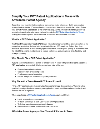 Simplify Your PCT Patent Application in Texas with Affordable Patent Agency