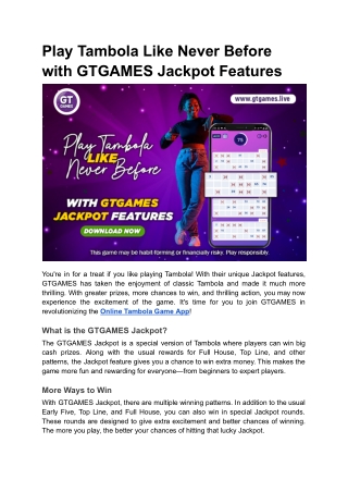 Play Tambola Like Never Before with GTGAMES Jackpot Features