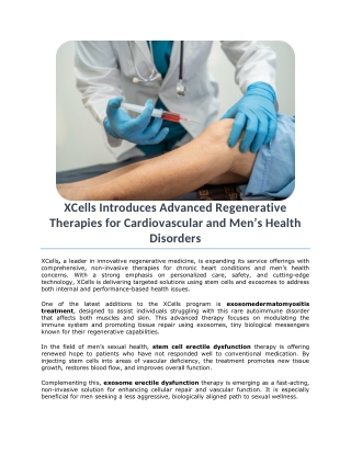 XCells Introduces Advanced Regenerative Therapies for Cardiovascular and Men’s Health Disorders