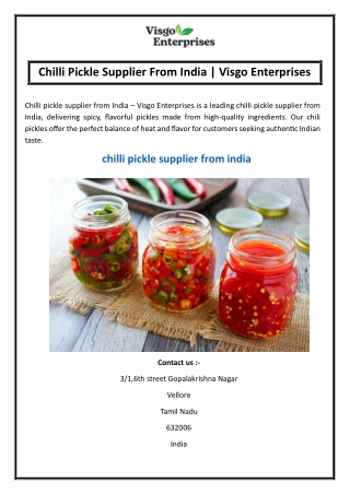 Chilli Pickle Supplier From India Visgo Enterprises