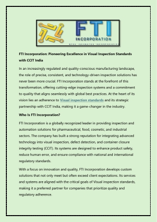 FTI Incorporation - Pioneering Excellence in Visual Inspection Standards with CCIT India