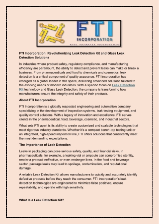 FTI Incorporation - Revolutionizing Leak Detection Kit and Glass Leak Detection Solutions