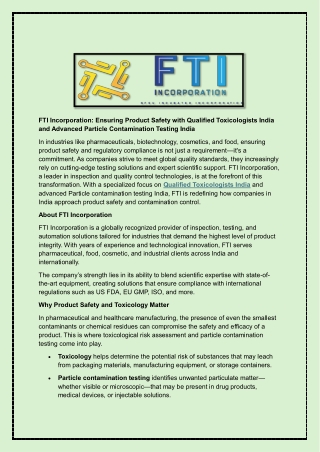 FTI Incorporation - Ensuring Product Safety with Qualified Toxicologists India and Advanced Particle Contamination Testi