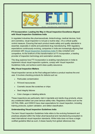 FTI Incorporation - Leading the Way in Visual Inspection Excellence Aligned with Visual Inspection Guidelines India