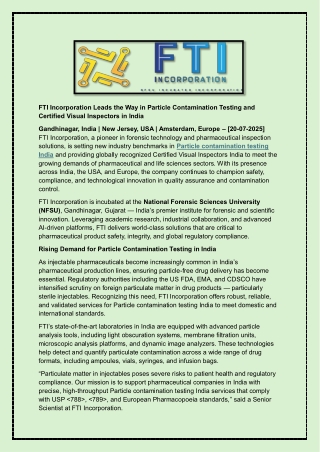 FTI Incorporation Leads the Way in Particle Contamination Testing and Certified Visual Inspectors in India