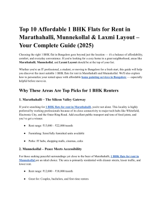 Top 10 Affordable 1 BHK Flats for Rent in Marathahalli, Munnekollal & Laxmi Layo