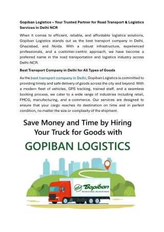 Gopiban Logistics– Your Trusted Partner for Road Transport & Logistics Services in Delhi NCR