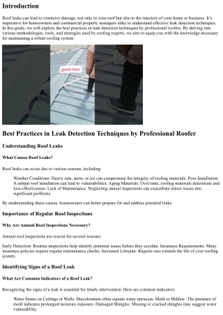 Best Practices in Leak Detection Techniques by Professional Roofer