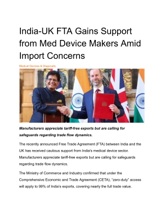 India-UK FTA Gains Support from Med Device Makers Amid Import Concerns
