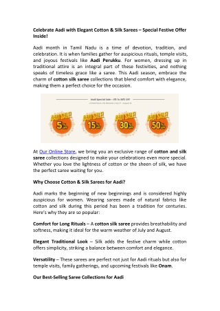 Celebrate Aadi with Elegant Cotton & Silk Sarees Special Festive Offer Inside!