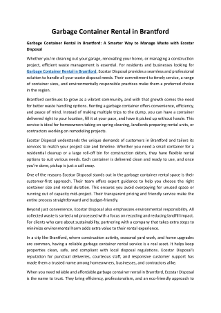 Garbage Container Rental in Brantford