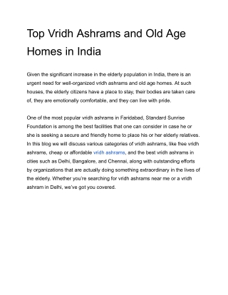 Top Vridh Ashrams and Old Age Homes in India