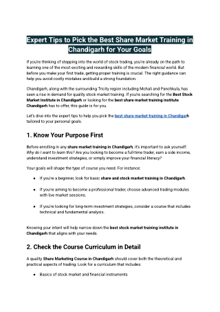 Expert Tips to Pick the Best Share Market Training in Chandigarh for Your Goals