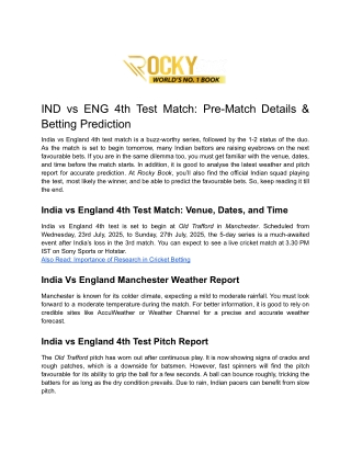 IND vs ENG 4th Test Match: Pre-Match Details & Betting Prediction