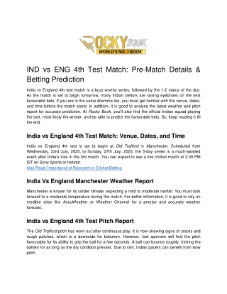 IND vs ENG 4th Test Match: Pre-Match Details & Betting Prediction