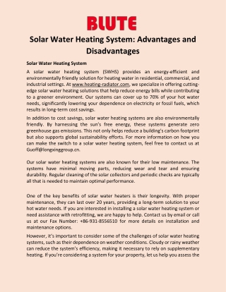 Solar Water Heating System - Advantages and Disadvantages