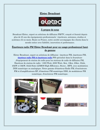 Émetteur radio FM Eletec Broadcast idéal pour la radiodiffusion locale et régionale