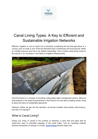 Types of Canal Lining for Efficient Irrigation in India