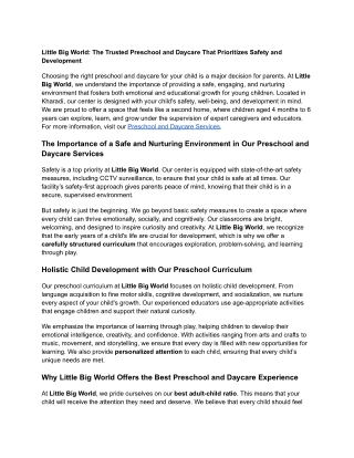 Little Big World: The Trusted Preschool and Daycare That Prioritizes Safety and