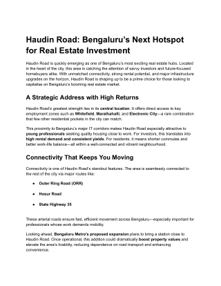Haudin Road: Bengaluru’s Next Hotspot for Real Estate Investment