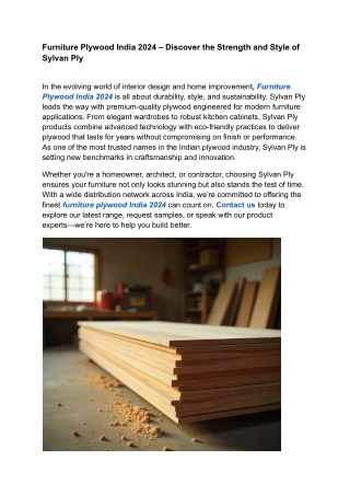Furniture Plywood India 2024 – Discover the Strength and Style of Sylvan Ply