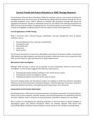 Current Trends and Future Directions in TENS Therapy Research