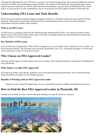 Tips for Selecting the Best FHA Approved Lender in Plymouth, MI