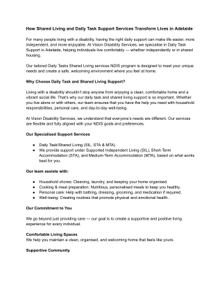 Daily Task Support and Shared Living Services in Adelaide
