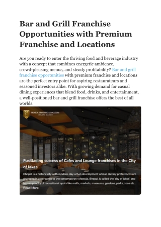 Bar and Grill Franchise Opportunities with Premium Franchise and Locations