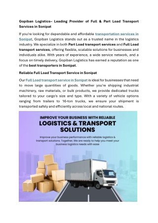 Gopiban Logistics– Leading Provider of Full & Part Load Transport Services in Sonipat