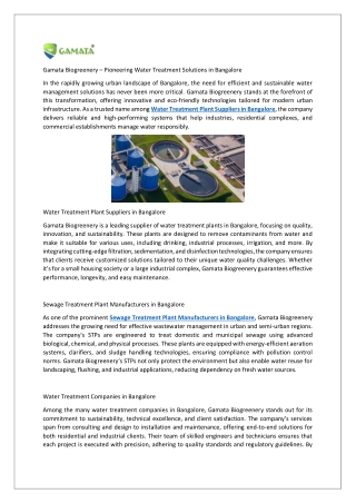 Pioneering Water Treatment Solutions in Bangalore