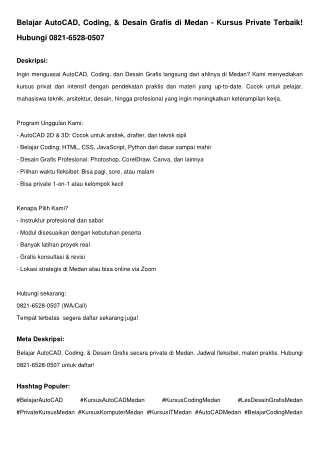 Belajar AutoCAD, Coding, & Desain Grafis di Medan – Kursus Private Terbaik! Hubungi 0821-6528-0507