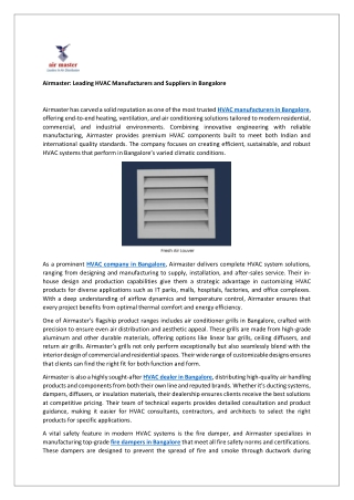 Airmaster: Leading HVAC Manufacturers and Suppliers in Bangalore