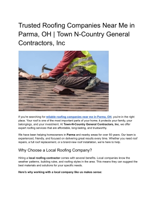 Trusted Roofing Companies Near Me in Parma, OH | Town N-Country General Contract