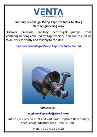 Sanitary Centrifugal Pump Exporter India To Usa  Ventaengineering.com